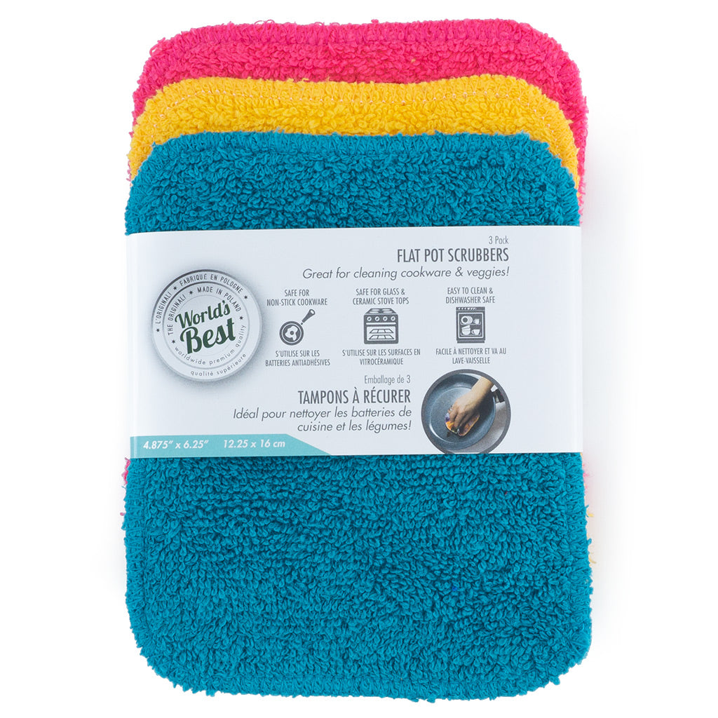 World's Best Flat Pot Scrubbers. Dishwasher Safe. Assorted Colors (3)